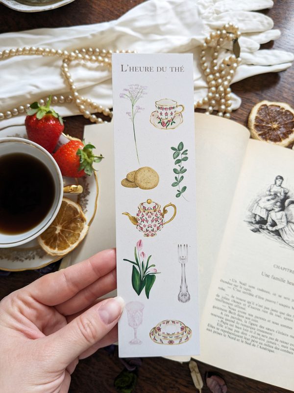 marque-page l'heure du thé, lecture, illustration inspirée de Bridgerton dans un décor vintage